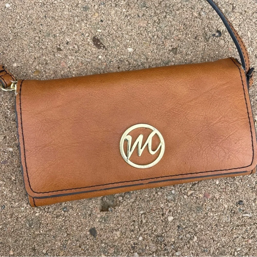 Women’s Brown Wallet Gold Logo and Shoulder Strap